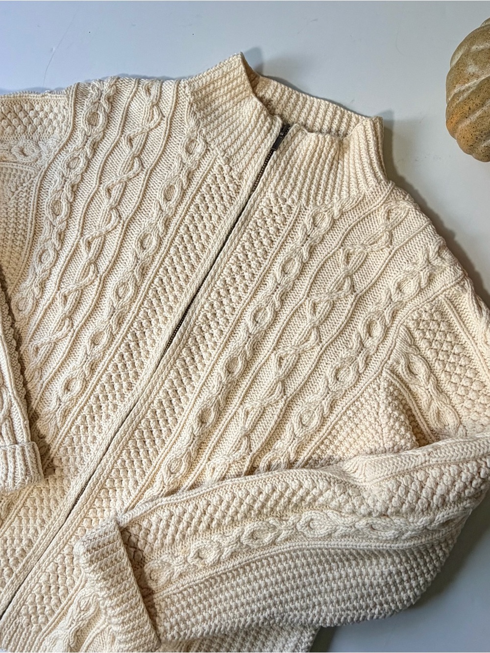 Cream Lands' End cable knit zip up cotton cardigan/sweater 14/16